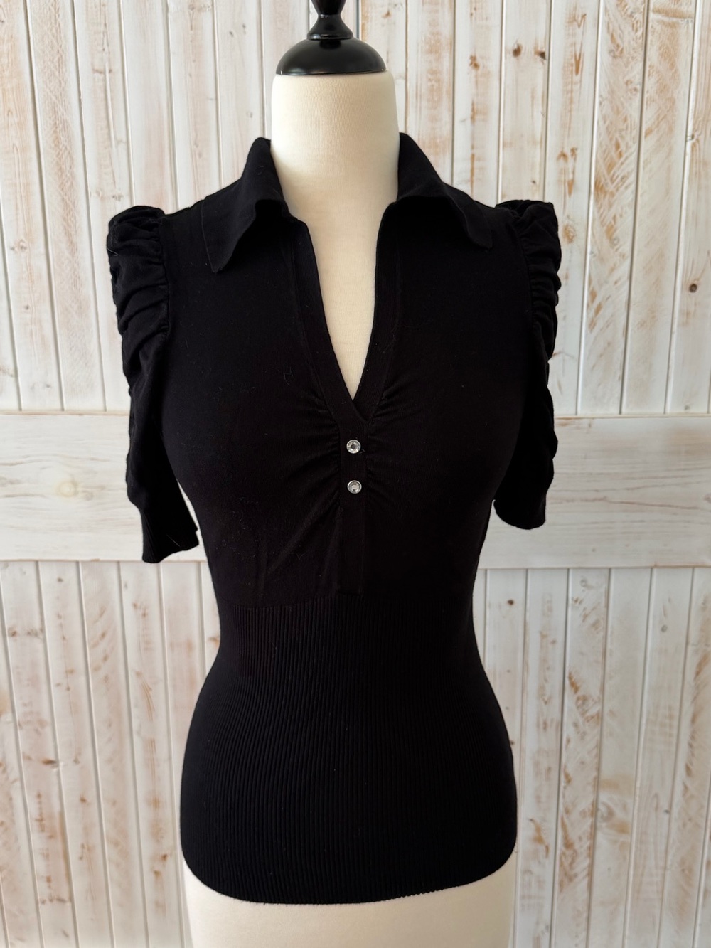 INC International Concepts Black Ruched Sleeve Polo Top
